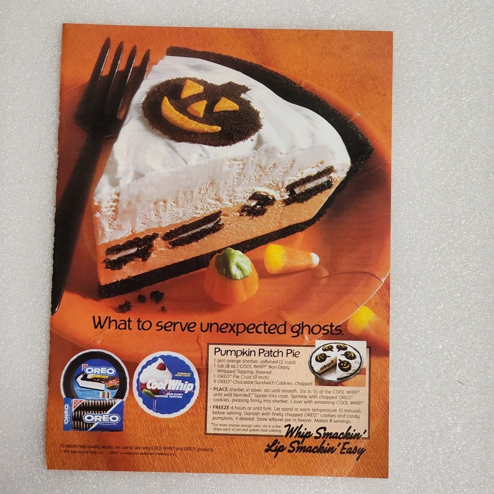 Vintage 1993 Oreo Cool Whip Pumpkin Patch Pie Recipe Print Ad 8x10 Halloween